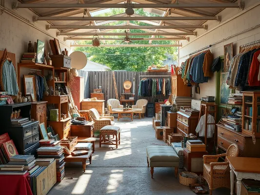 Detailed image of a vibrant garage sale setup with various items for sale