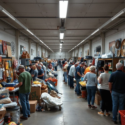 A wide shot of a successful garage sale with many people browsing and buying items.
