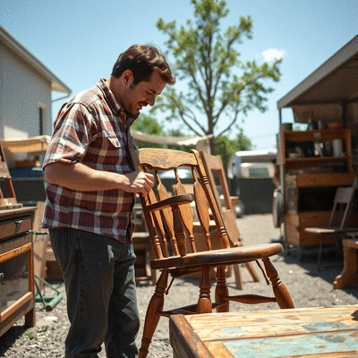 Person inspecting a vintage wooden chair at a garage sale, focus on quality craftsmanship