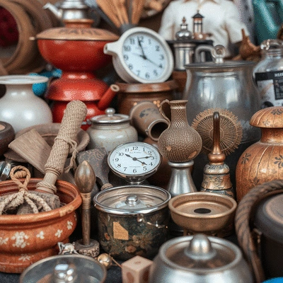 Close-up detailed shot of various items attractively arranged for a garage sale