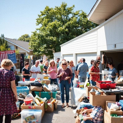 Image of a successful garage sale with many people and items