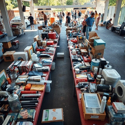 Overhead view of various items neatly arranged on tables at a successful garage sale