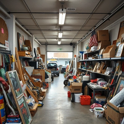 Garage sale with various items displayed