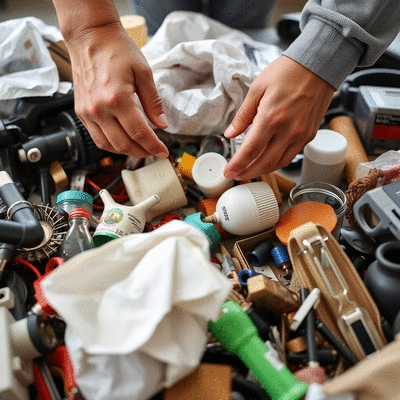 Close-up of hands sorting through various items for a garage sale