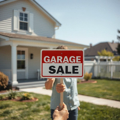 Person holding a 'Garage Sale' sign with blurred background of a house and yard