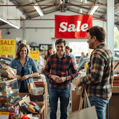 People browsing items at a well-organized garage sale, with a 'Sale' sign visible