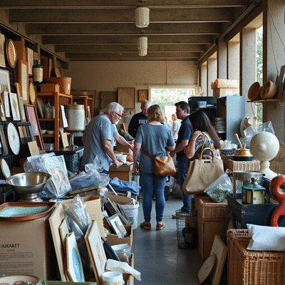 People browsing items at a well-organized garage sale, with a focus on vintage and eco-friendly products