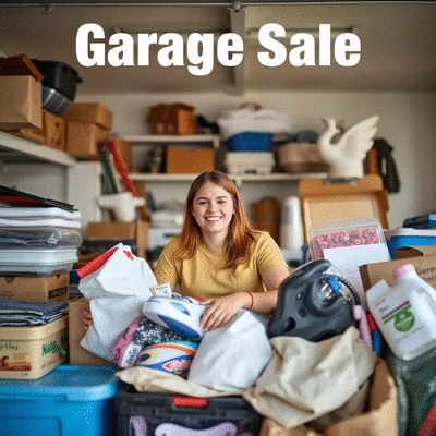 A person happily organizing items for a garage sale.