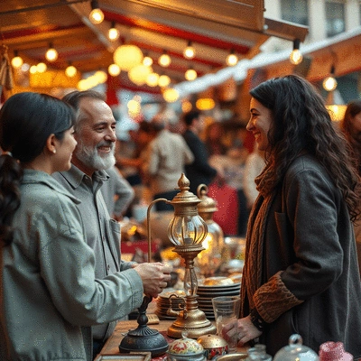 Two people at a flea market, one negotiating a price for an antique lamp with a friendly smile, warm lighting