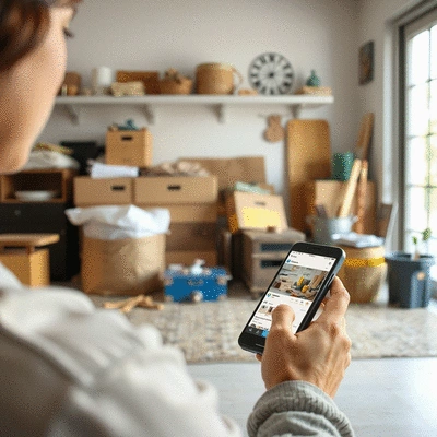 Person using a smartphone to manage inventory and post items on social media for a garage sale