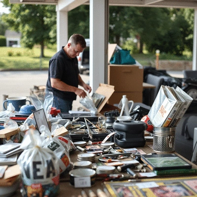 Person organizing items with price tags for a garage sale
