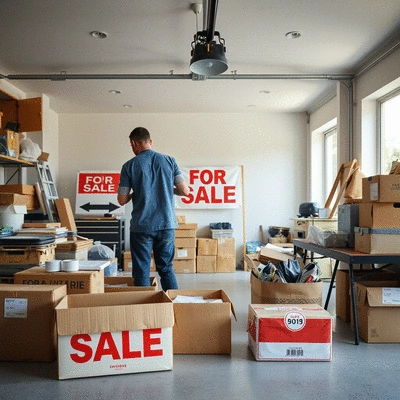 Person organizing items for a garage sale, with a 'for sale' sign in the background, in a clean, well-lit garage.