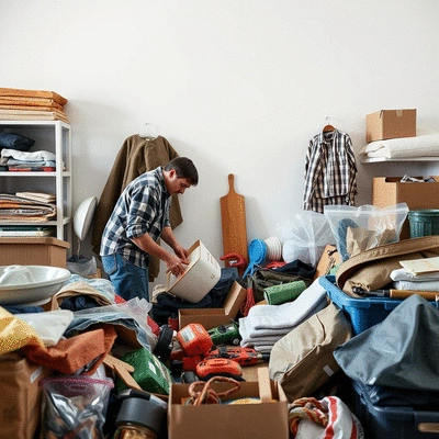 Person sorting through items for a garage sale