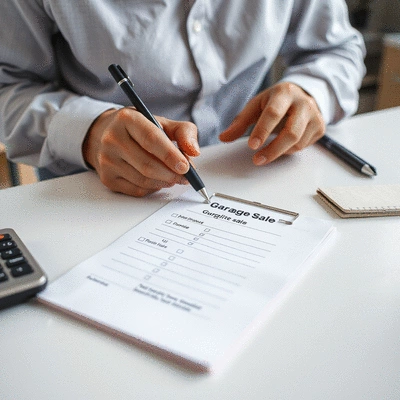Person creating a checklist for a garage sale, with a pen and notepad, organized and clean, bright lighting.