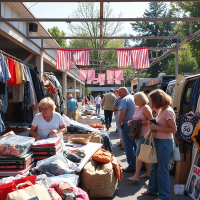 Image of a bustling garage sale with happy customers