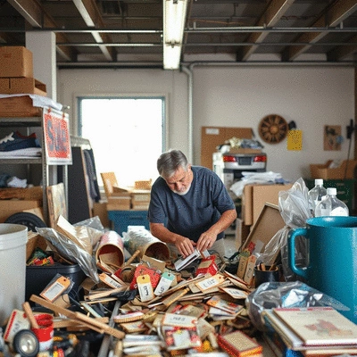 Person organizing items for a garage sale, with price tags and a 'Sale' sign