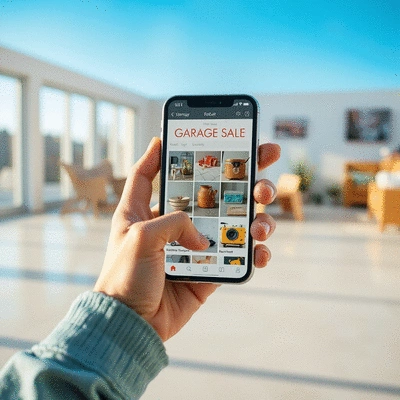 Person using a smartphone app to browse garage sale items